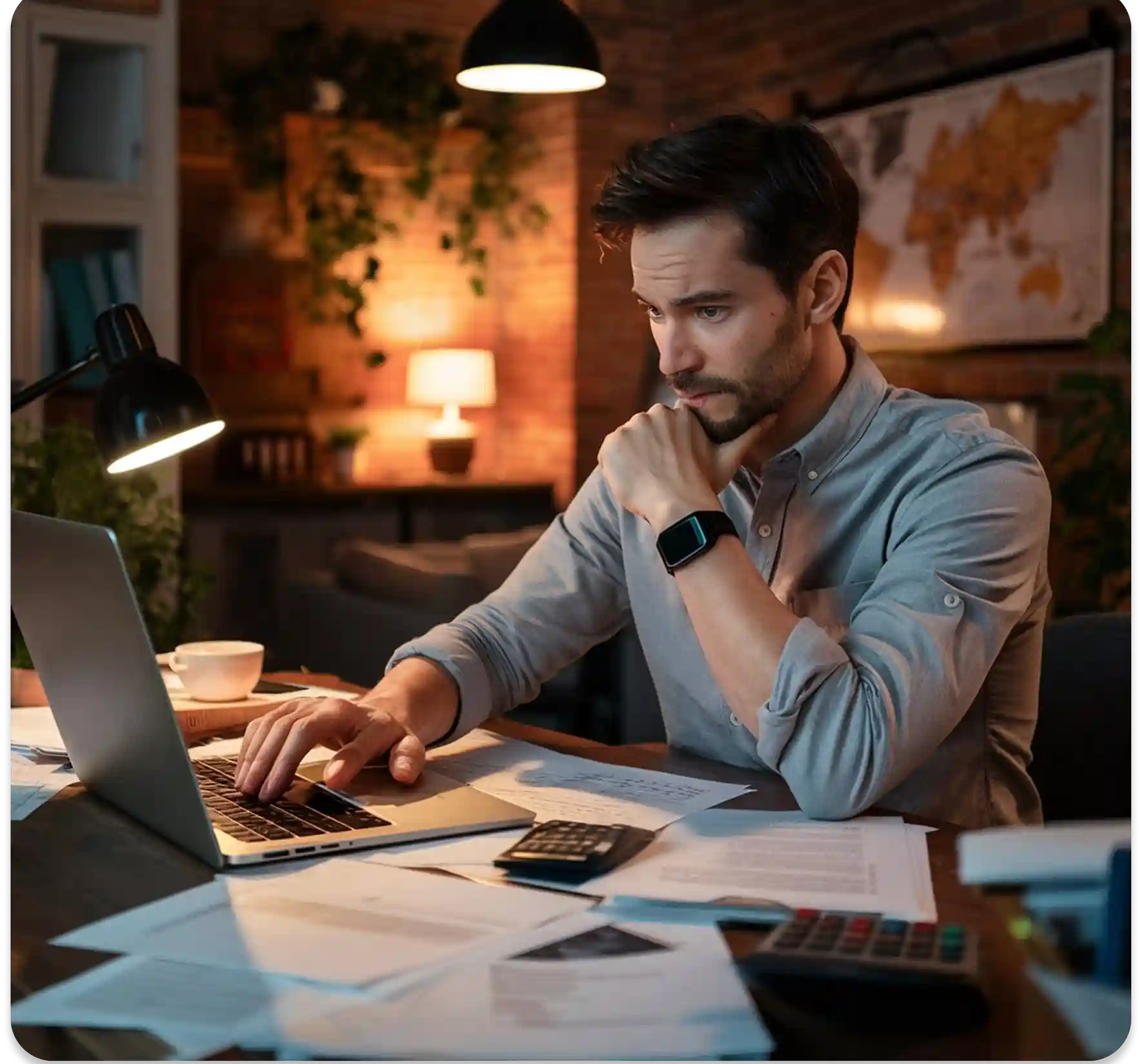 Man-thinking-while-pressing-laptop