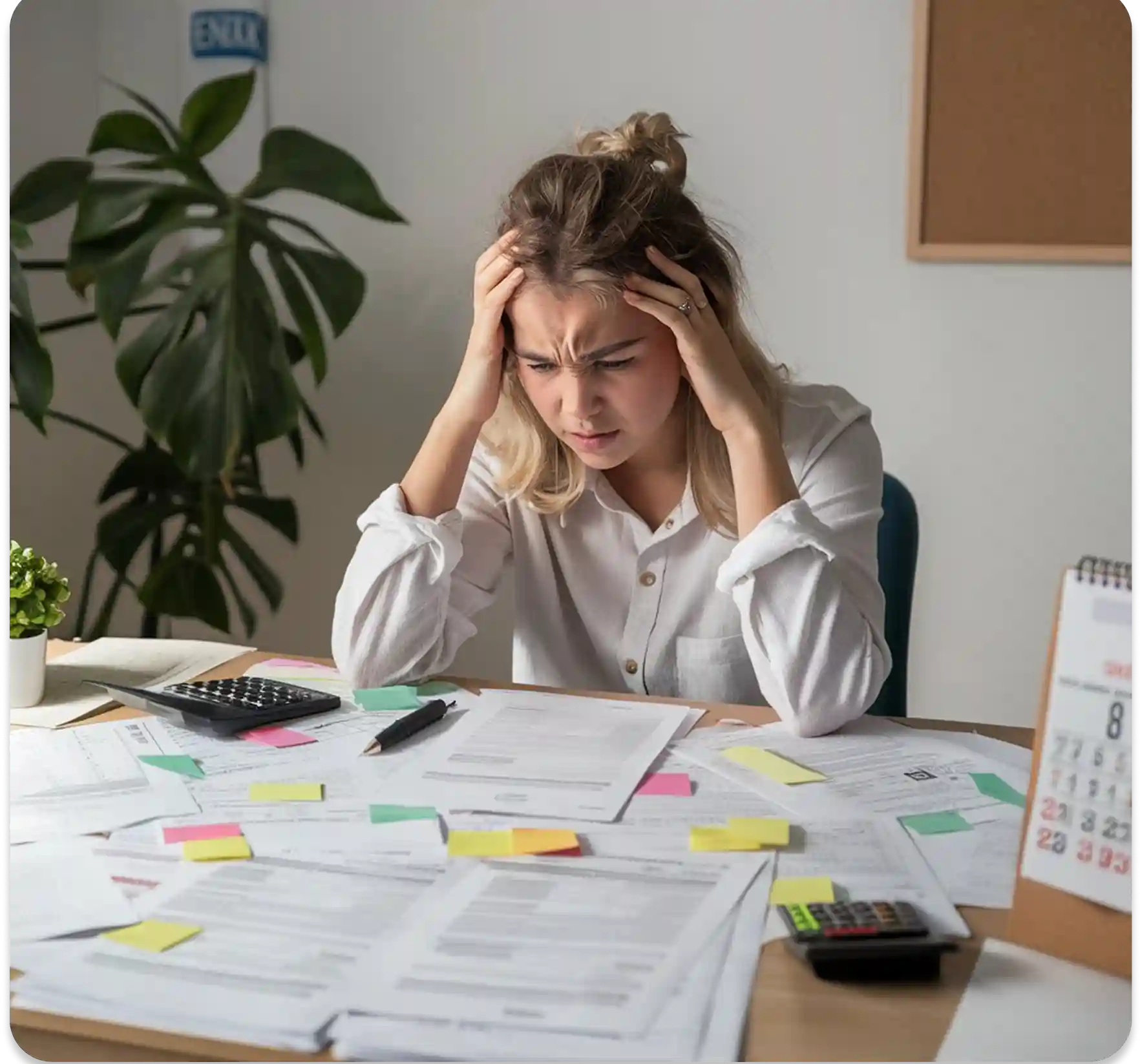 Woman-in-deep-thought-with-papers-all-over-the-table