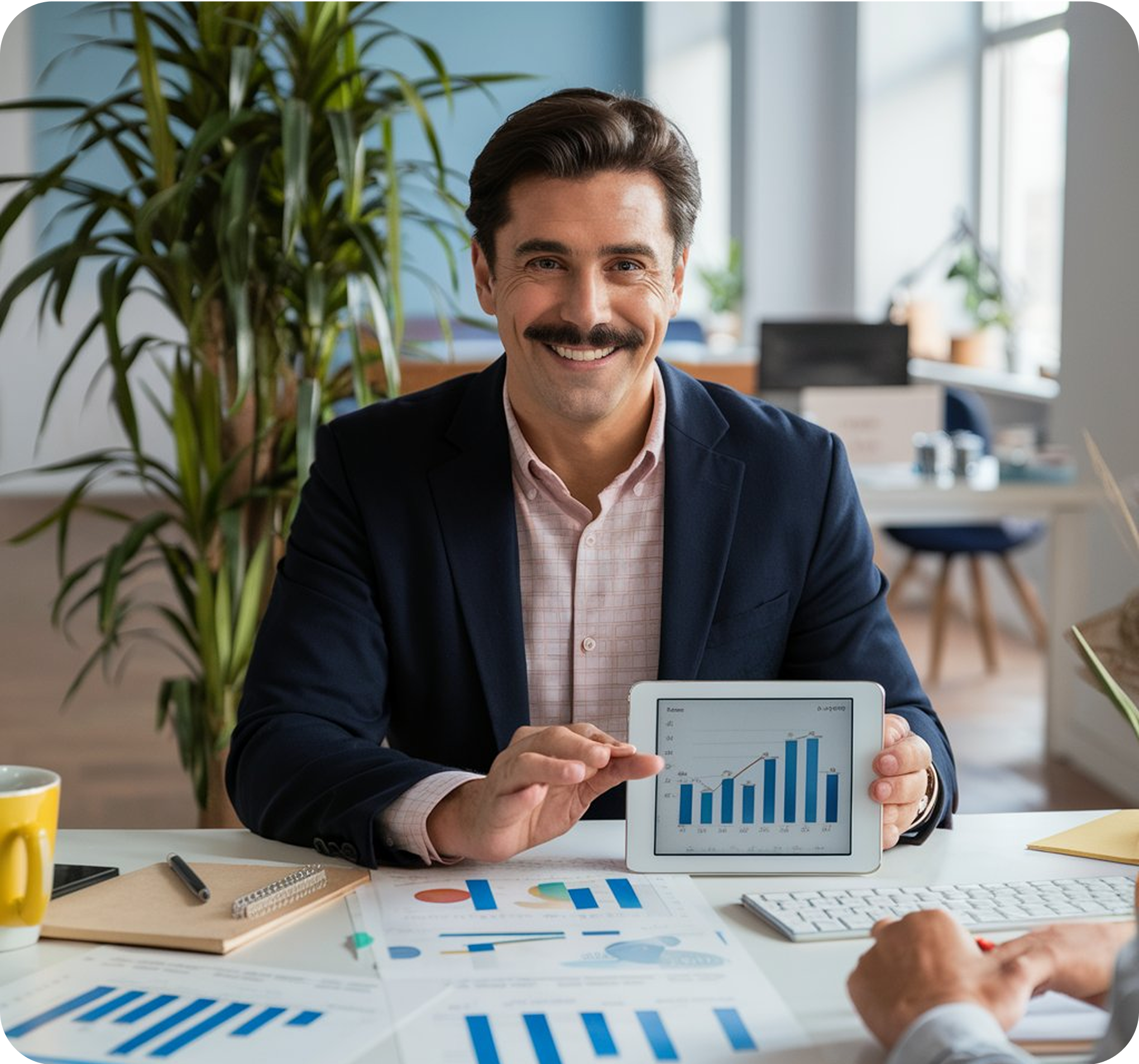 A man smiling and showing a financial dashboard on his tablet device