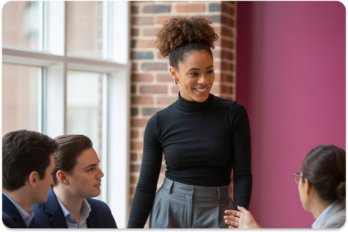 A smiling lady having a group discussion with coworkers
