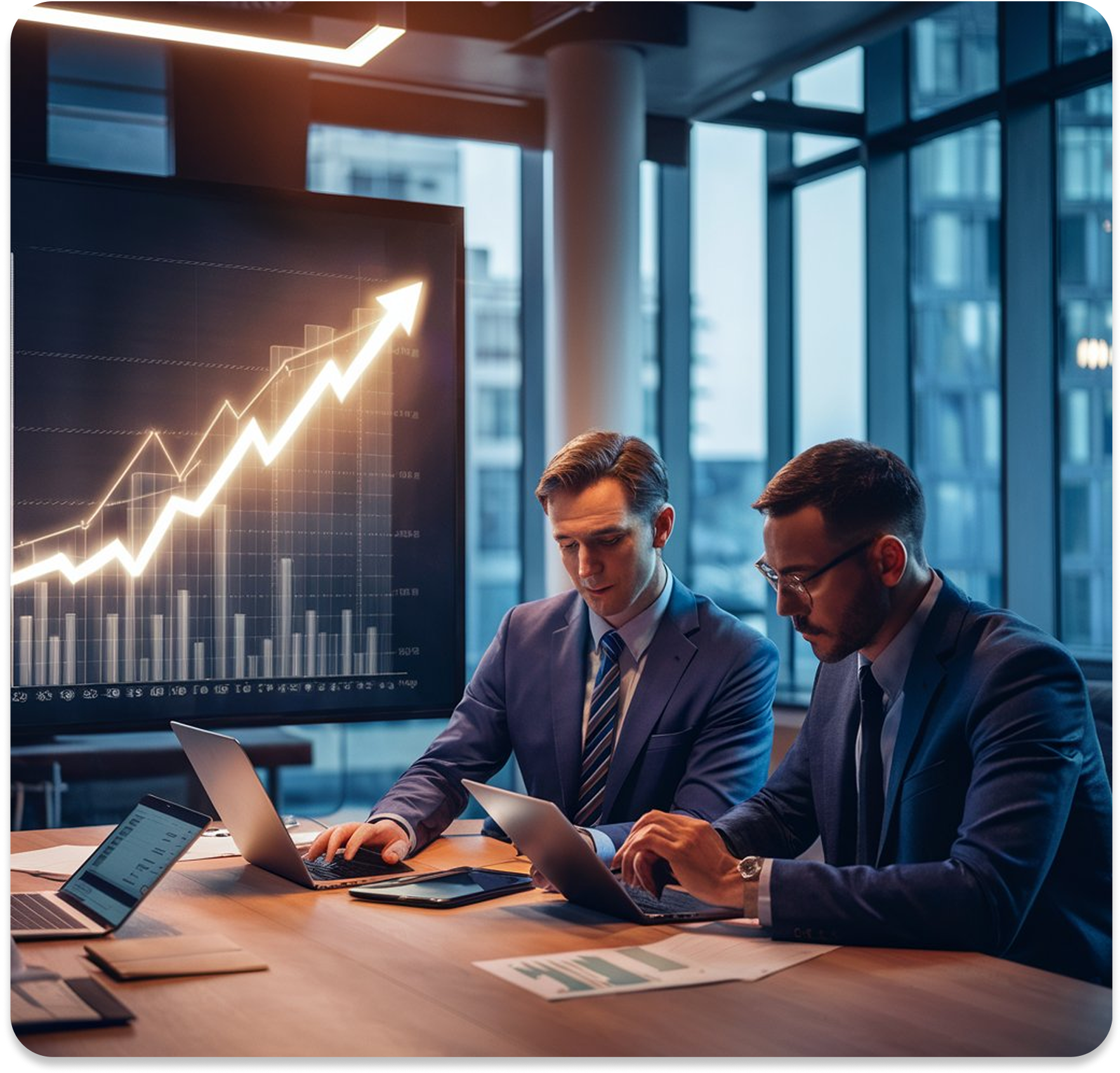Two men with their laptop discussing finance